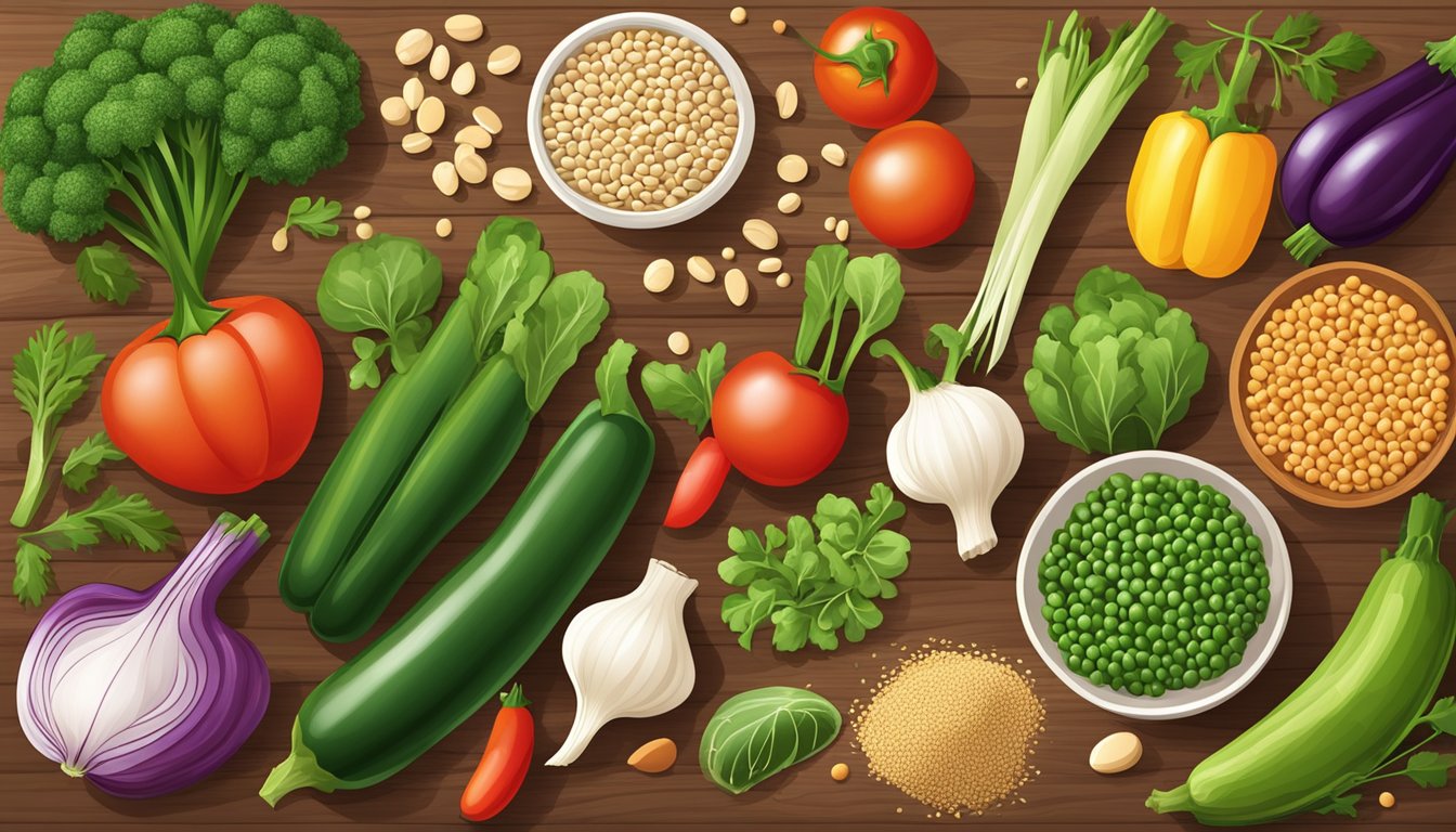 A colorful array of fresh vegetables, grains, and legumes arranged neatly on a wooden cutting board