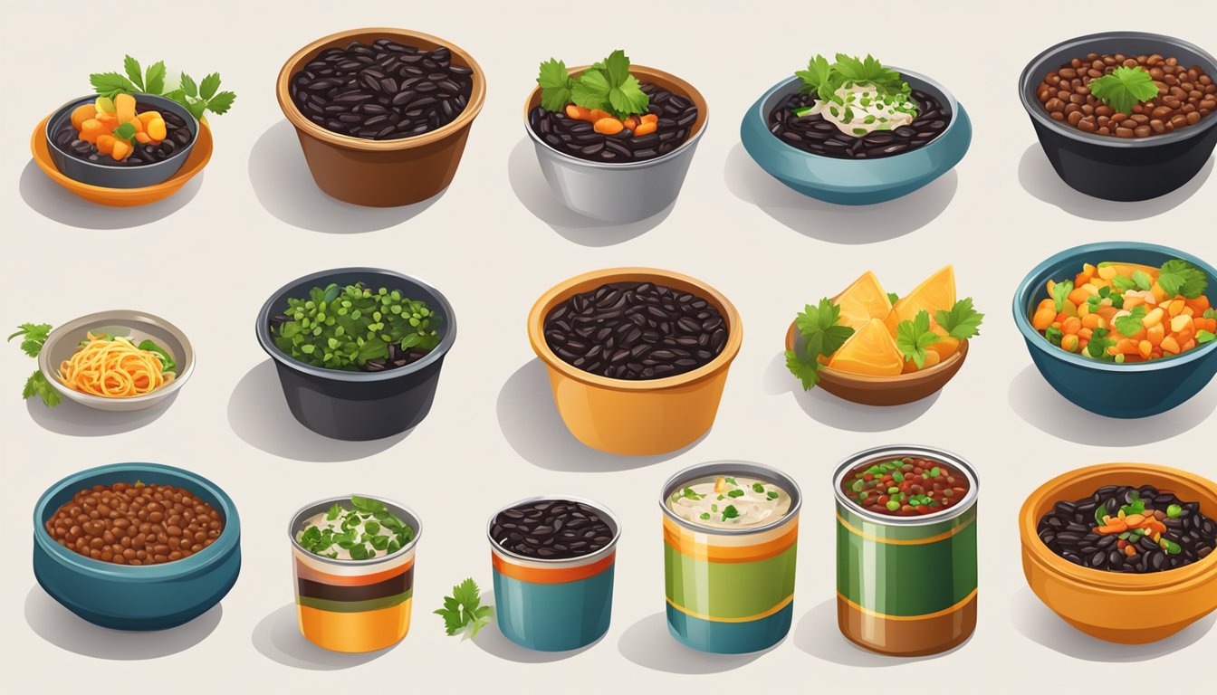 A table set with a colorful array of canned black bean dishes, garnished with fresh herbs and arranged on vibrant serving platters