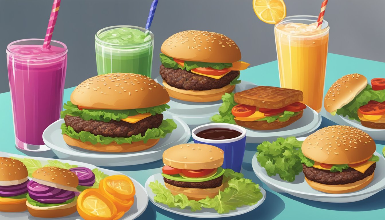 A table set with colorful veggie burgers and a variety of beverages, ready to be matched and enjoyed