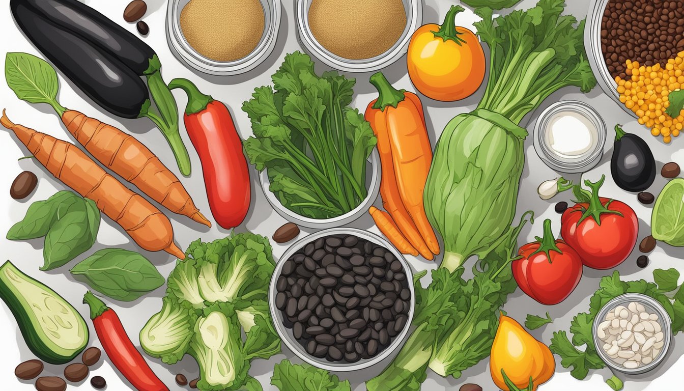 A colorful array of fresh vegetables and spices surround a can of black beans, ready to be used in a meatless Monday recipe