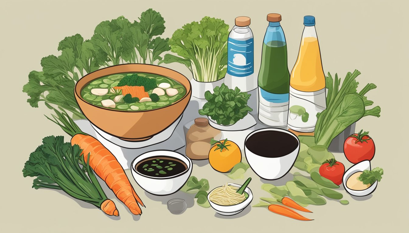 A bowl of miso soup mix-ins surrounded by fresh vegetables and a bottle of water