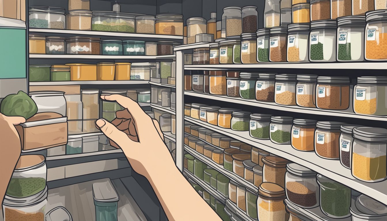 A hand reaching for a packet of instant miso soup mix on a pantry shelf, surrounded by neatly organized jars and containers