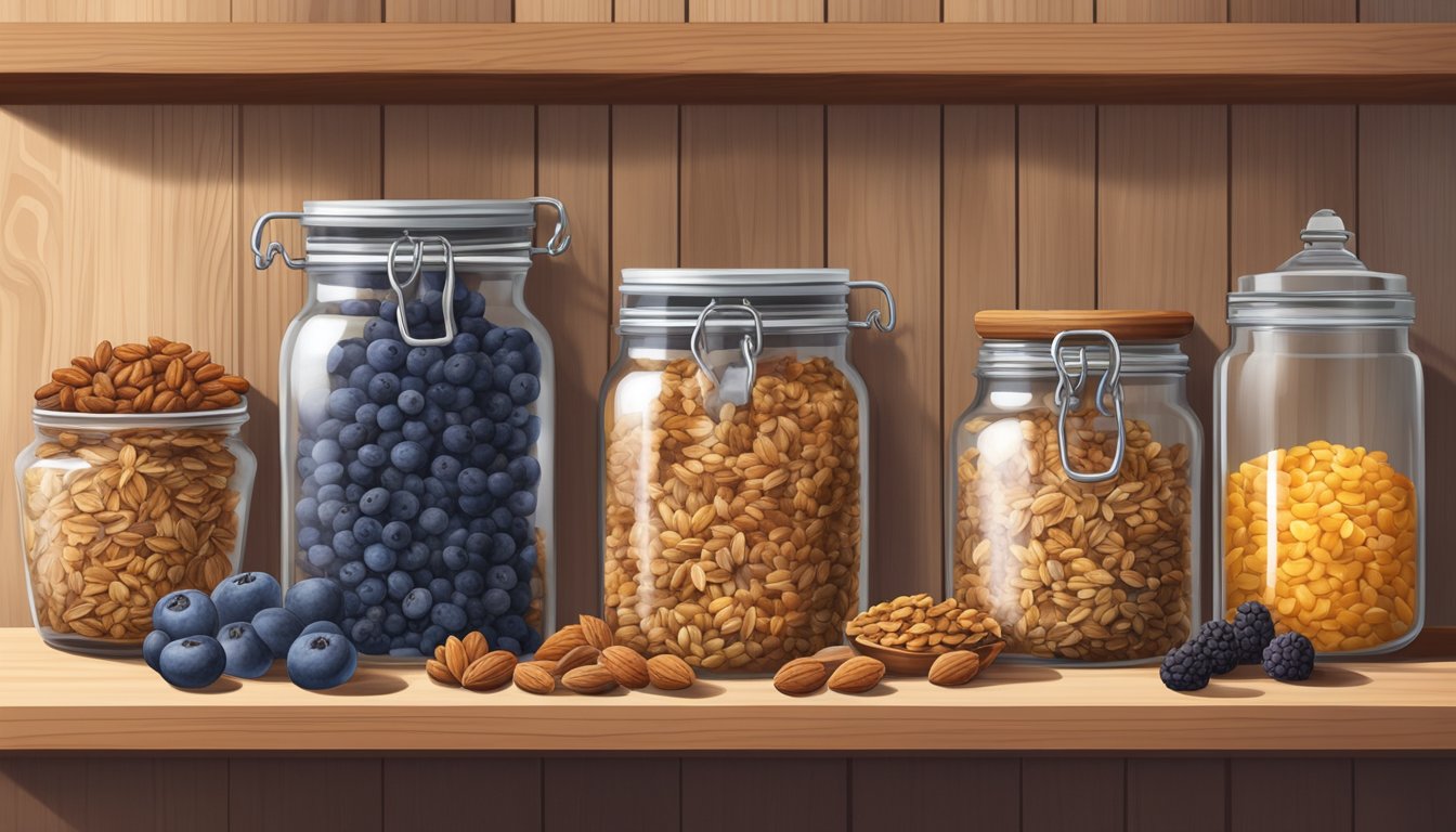 A glass jar filled with granola, surrounded by various nutritious add-ins such as nuts, seeds, and dried fruits, on a wooden pantry shelf