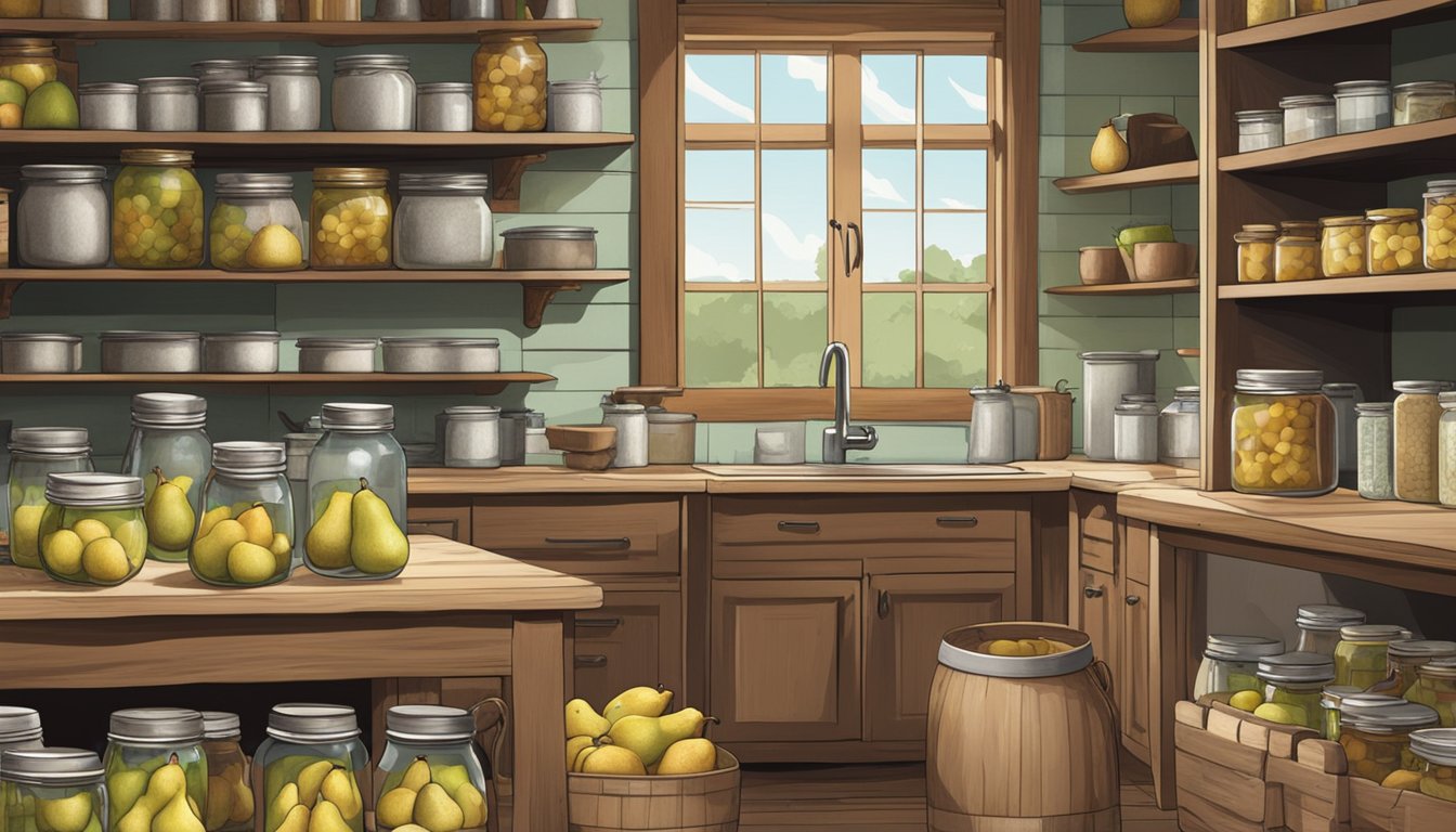 A rustic kitchen with shelves filled with jars of canned pears. A cookbook open to various pear recipes sits on the counter