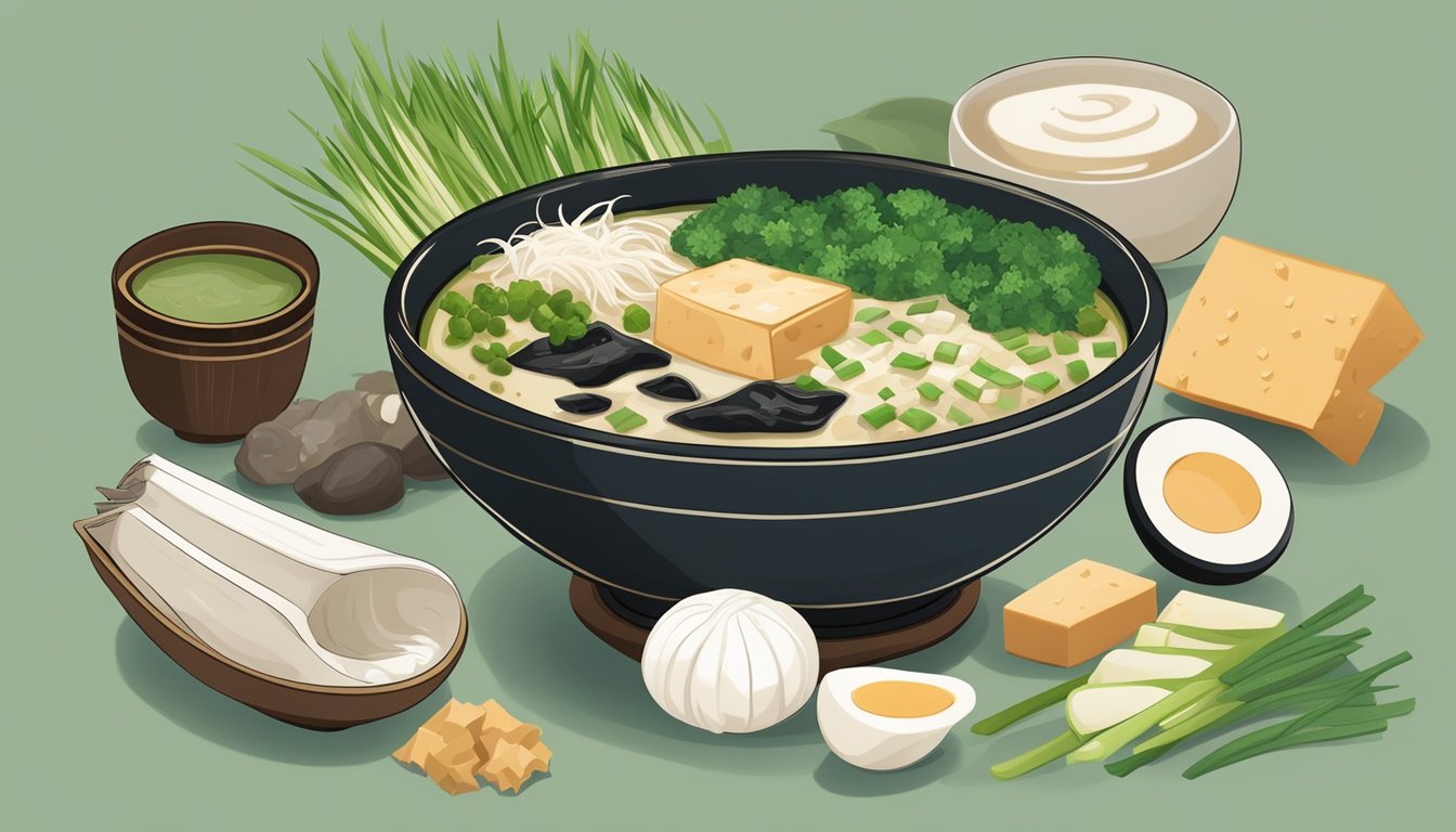 A steaming bowl of miso soup mix surrounded by various fresh ingredients like tofu, green onions, and seaweed