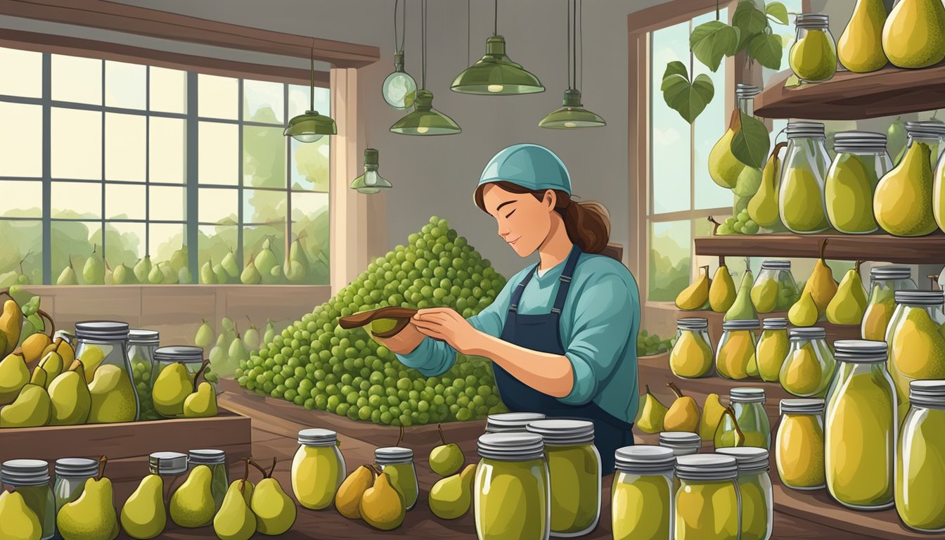 A person selects ripe pears from a tree and prepares them for canning, surrounded by jars and canning equipment