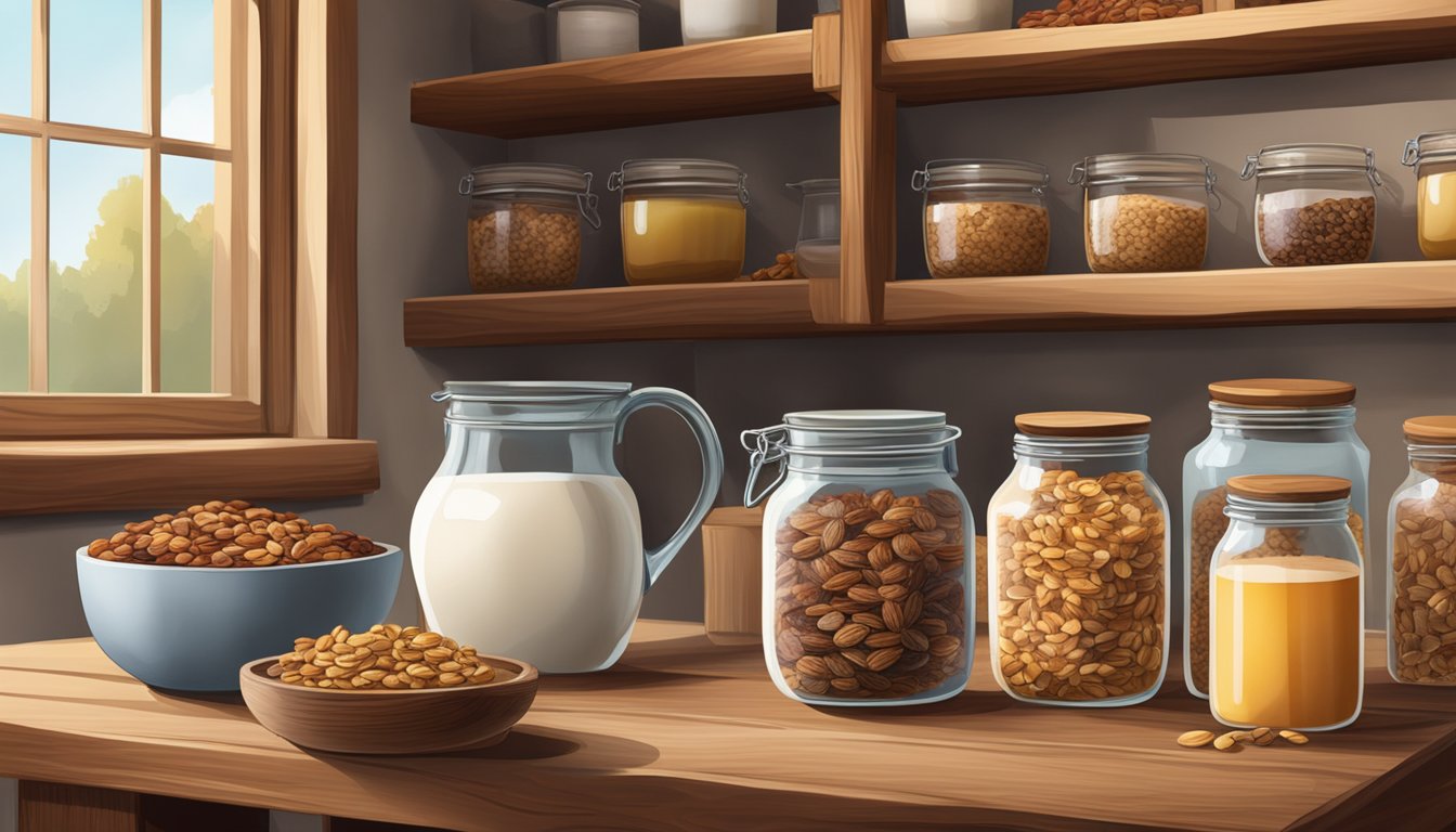 A rustic kitchen scene with open shelves displaying jars of granola, nuts, and dried fruits. A wooden table holds a bowl of granola and a pitcher of milk