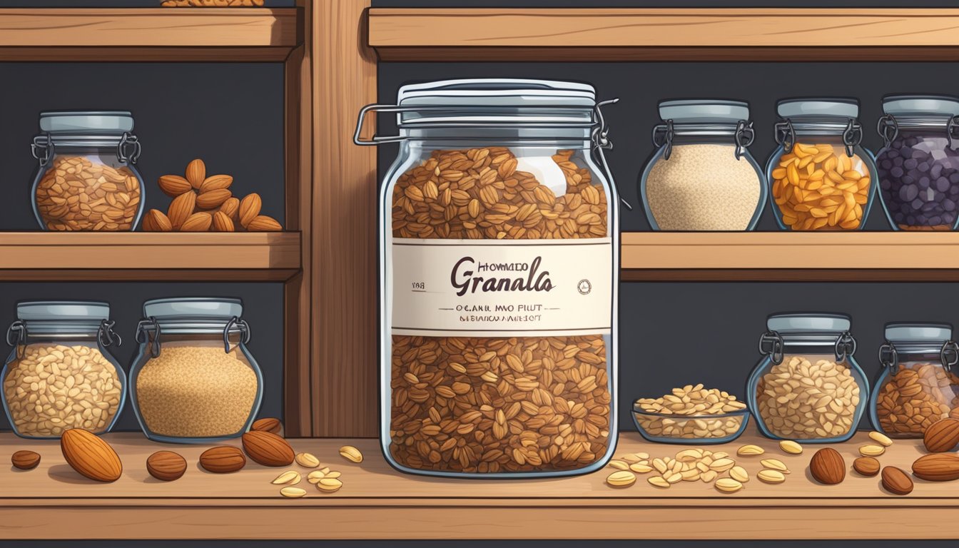 A glass jar filled with homemade granola sits on a wooden pantry shelf, surrounded by bags of oats, nuts, and dried fruit