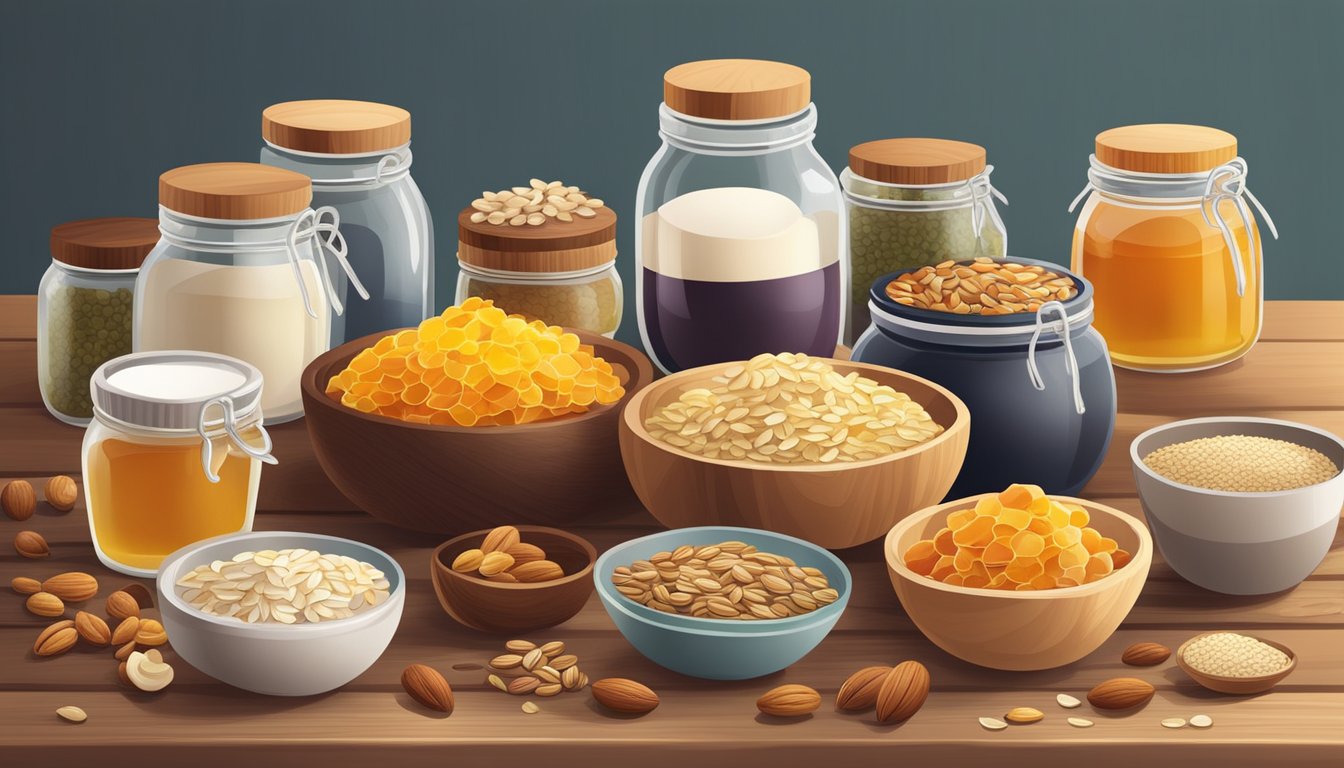 A colorful array of wholesome ingredients like oats, nuts, seeds, and dried fruits arranged neatly on a wooden table, with jars of honey and coconut oil nearby