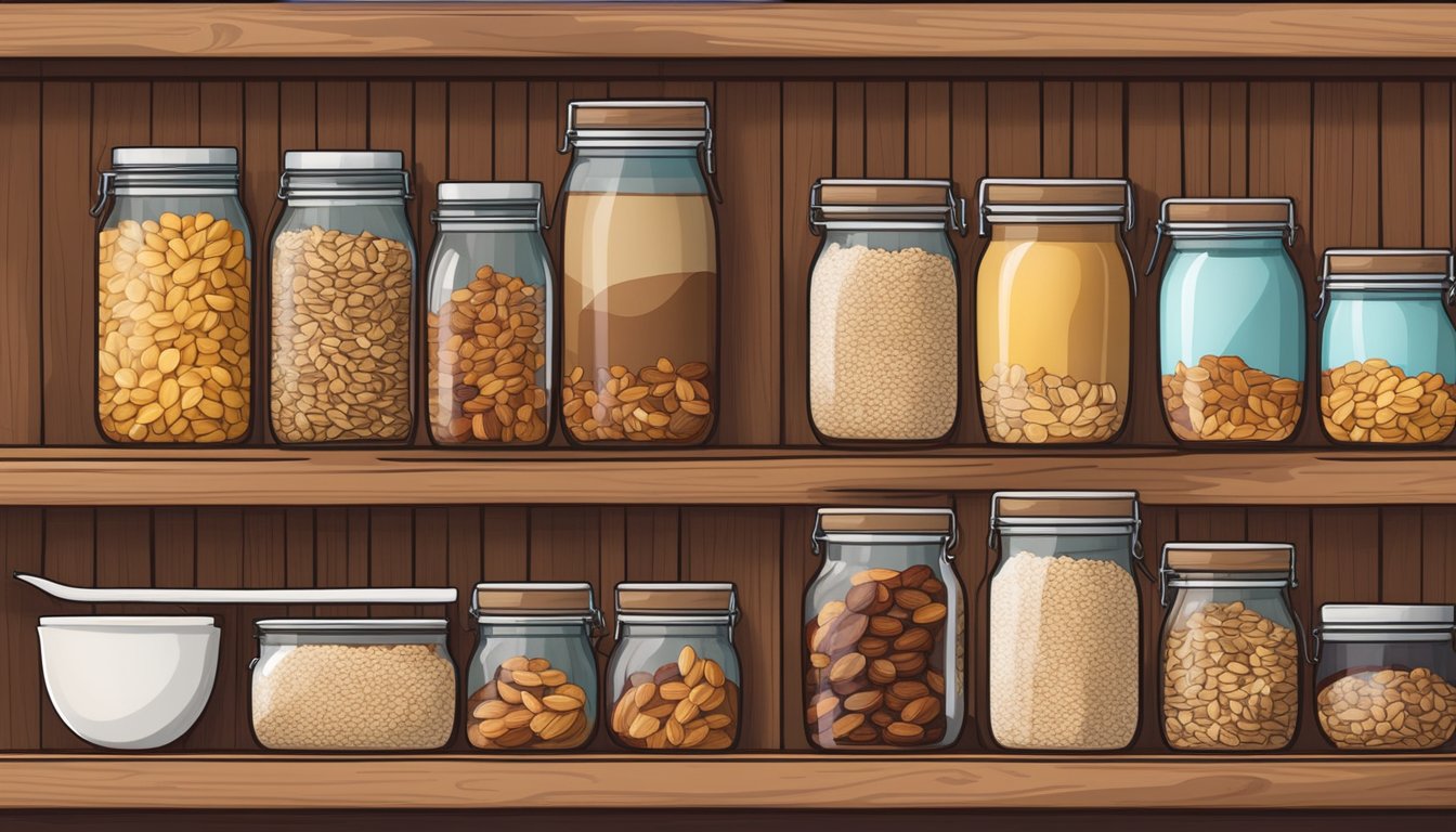 A rustic pantry shelf filled with jars of oats, nuts, and dried fruits, alongside a bowl of granola and a wooden spoon