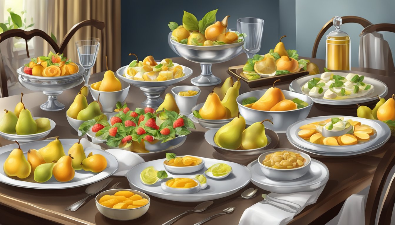 A table set with canned pear dishes for every course, from appetizers to desserts, surrounded by vibrant fruits and elegant serving ware