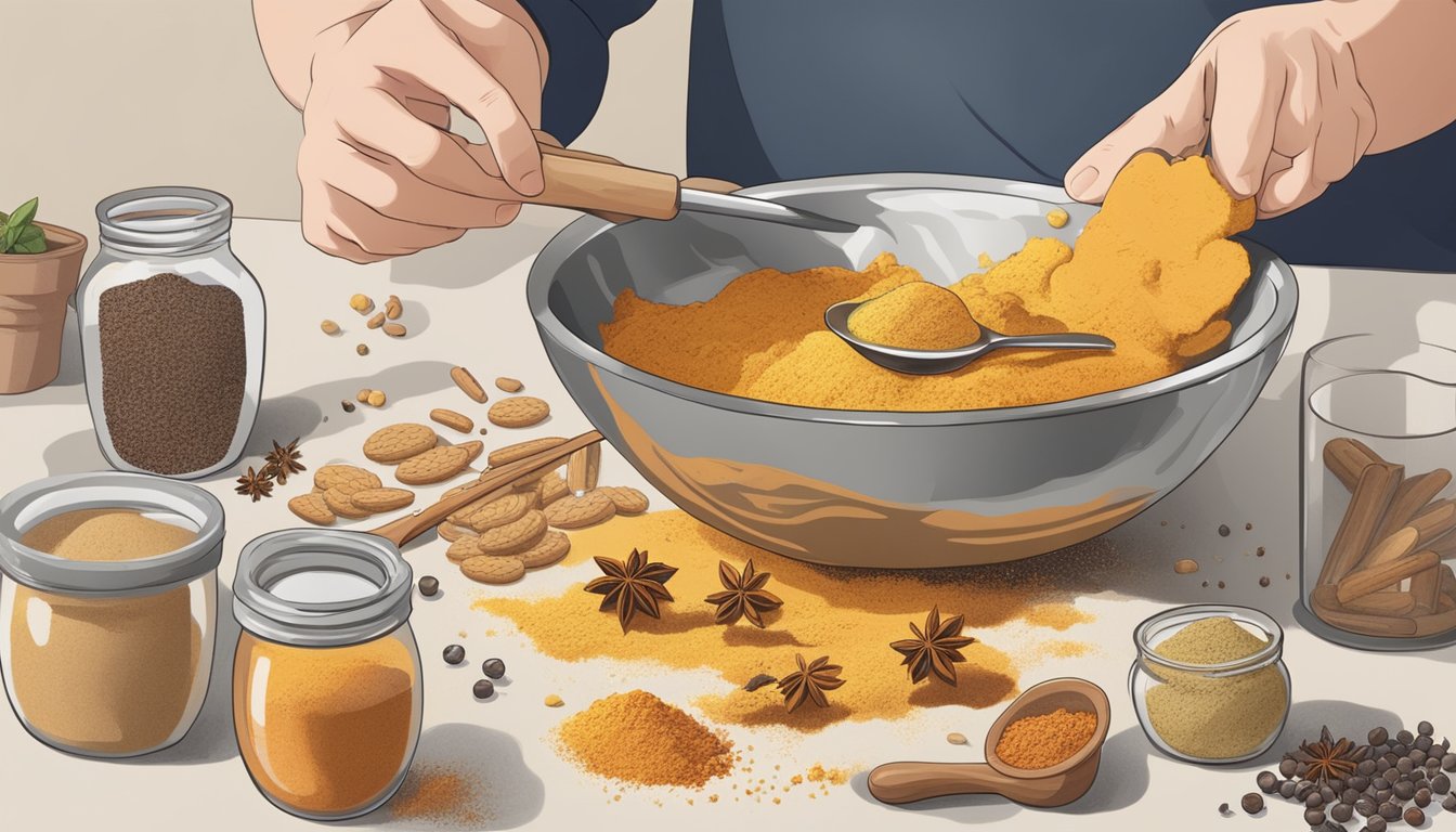 A hand pouring spices into a mixing bowl of biscuit dough. A spoon and various spices are scattered around the bowl