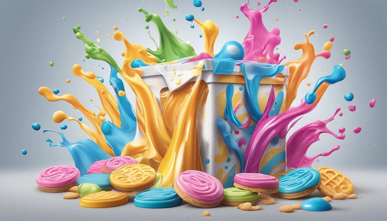 A colorful array of splashing and swirling liquids surround a box of biscuit mix, showcasing creative and innovative ways to use the product