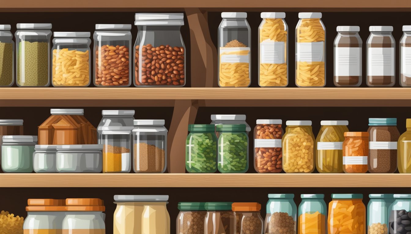 A well-stocked pantry with neatly organized shelves of canned goods, dry pasta, rice, beans, and jars of spices and sauces