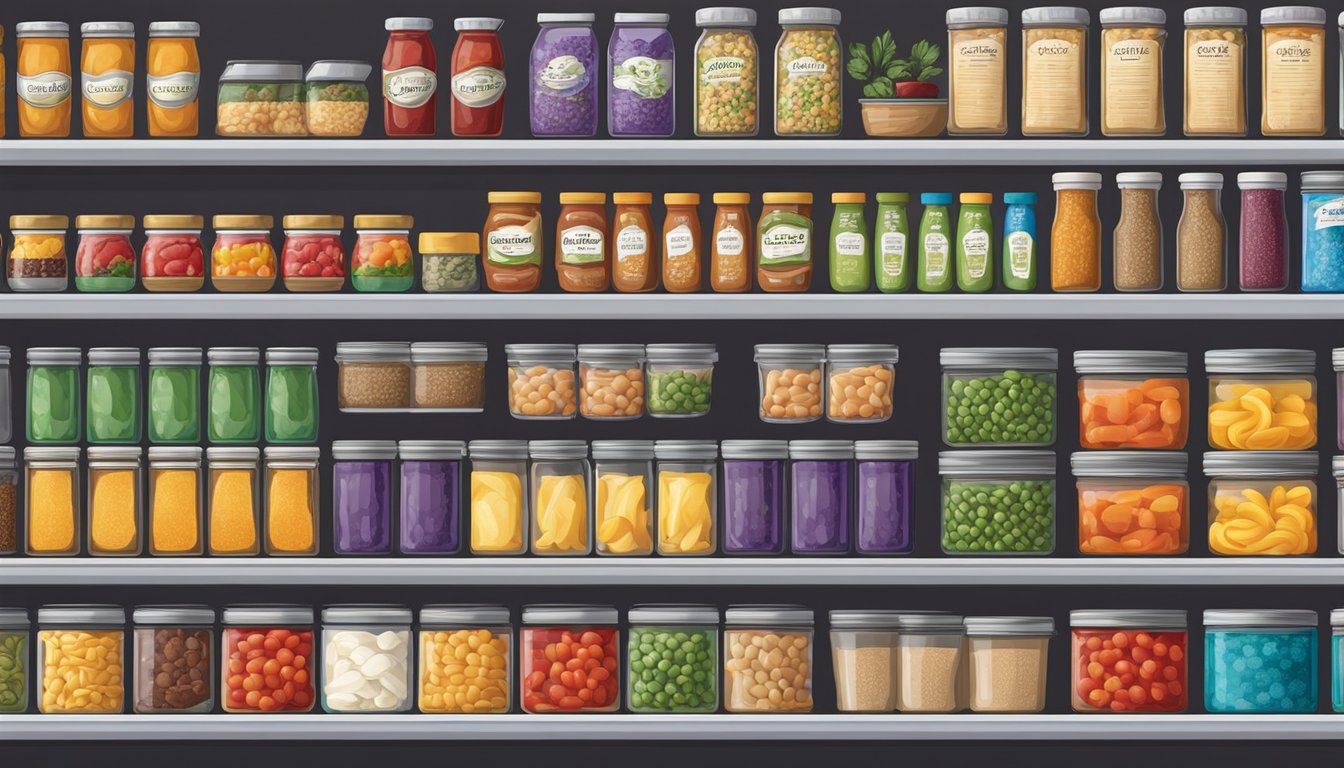 A colorful array of shelf-stable ingredients arranged in pairs, including canned goods, pasta, sauces, and spices, ready for easy meal preparation