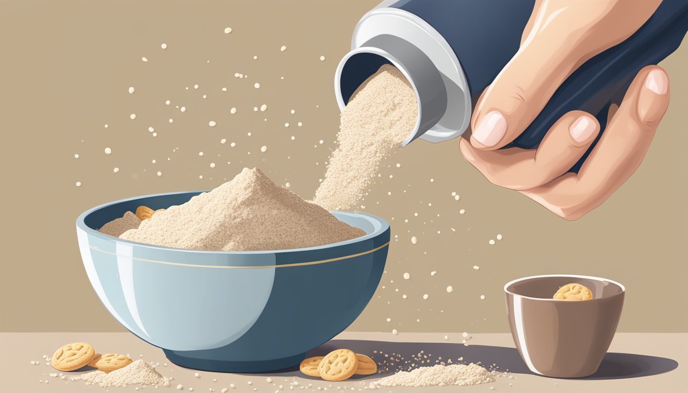 A hand pouring protein powder and toppings into a bowl of biscuit mix