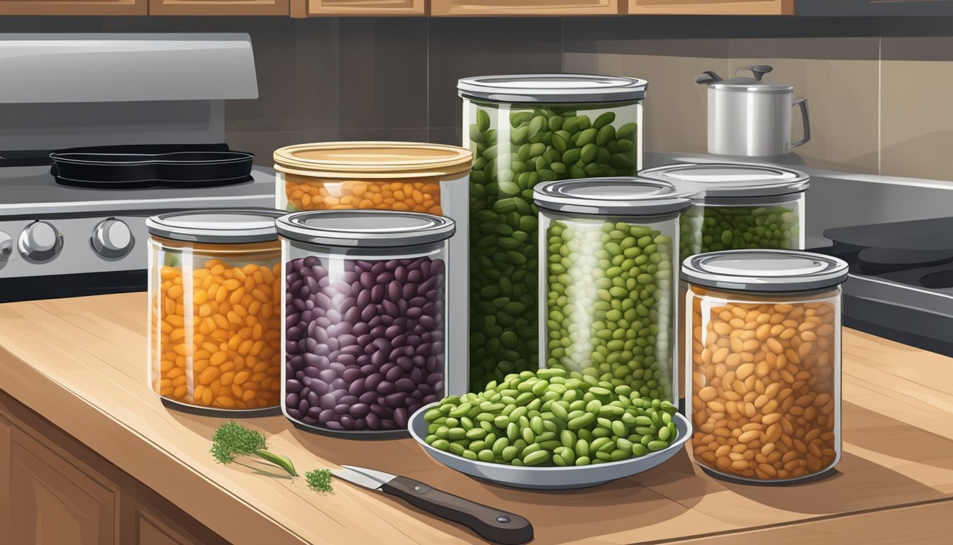 A pantry stocked with canned beans, rice, and frozen vegetables. A pot simmering on the stove, steam rising. A chef's knife and cutting board nearby