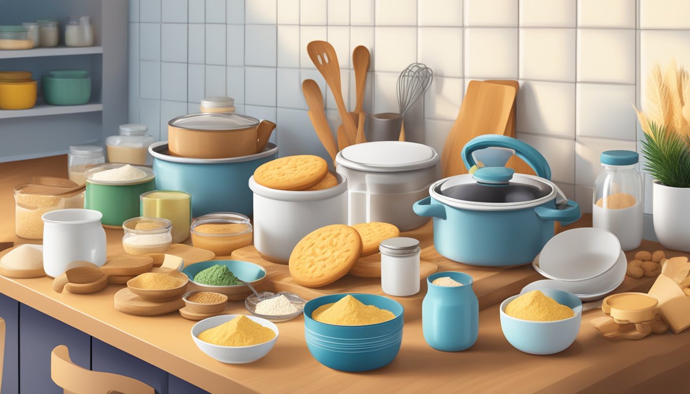 A kitchen counter with open boxes of biscuit mix, surrounded by various ingredients and utensils for creative cooking