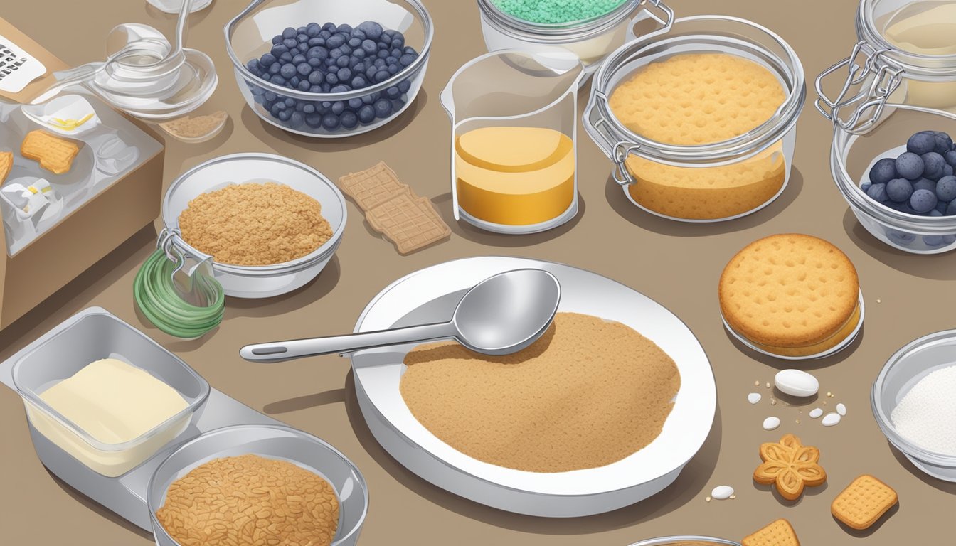 A kitchen counter with various healthy ingredients and boxed biscuit mix, surrounded by measuring cups and spoons