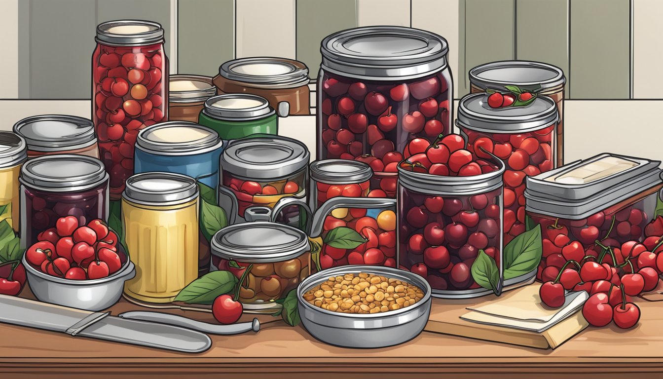 A kitchen counter filled with assorted canned cherries, baking tools, and recipe books