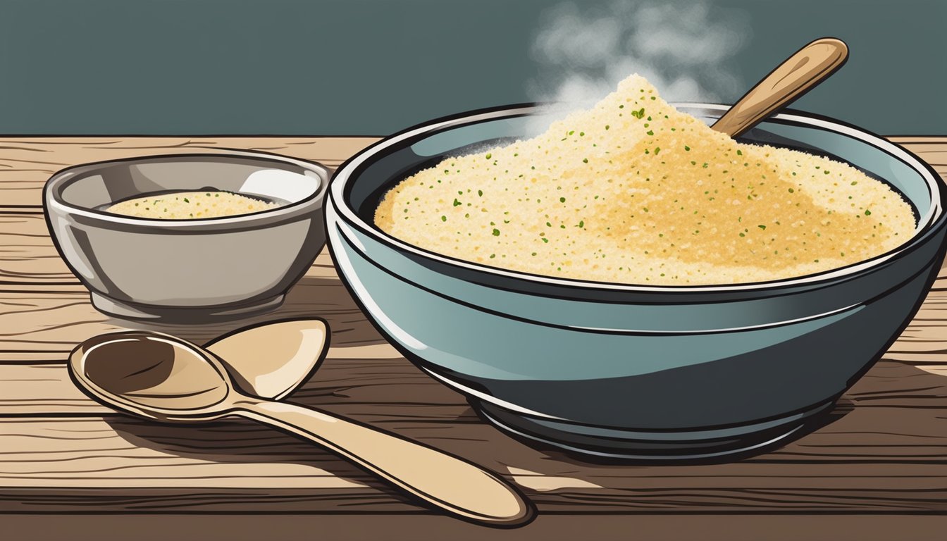 A steaming bowl of instant grits with a spoon resting beside it on a rustic wooden table