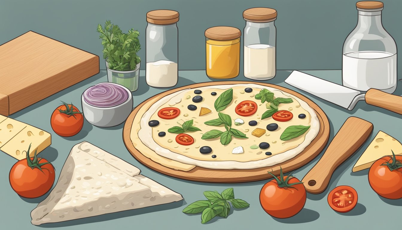 A kitchen counter with ingredients like flour, yeast, tomatoes, cheese, and herbs. A rolling pin and pizza cutter sit nearby