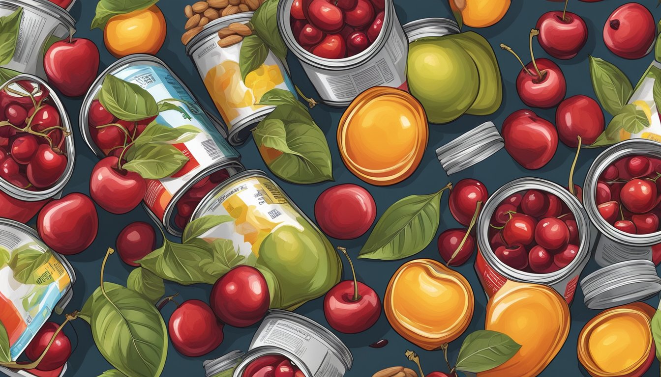 A colorful array of canned cherries, surrounded by various fruits, nuts, and ingredients, with a focus on health and nutrition labels