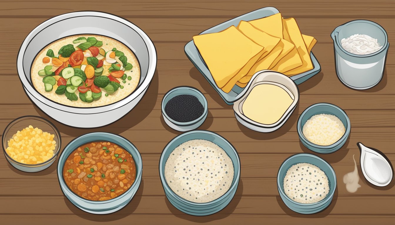 A table with a variety of toppings and mix-ins next to a bowl of steaming instant grits, ready for customization