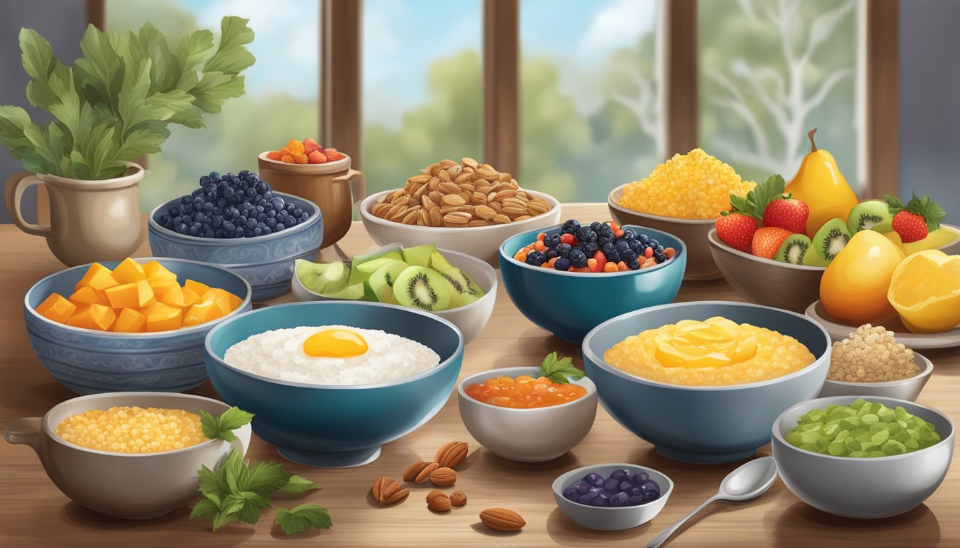 A table set with colorful bowls of steaming grits, topped with fresh fruit and nuts, surrounded by a variety of breakfast condiments