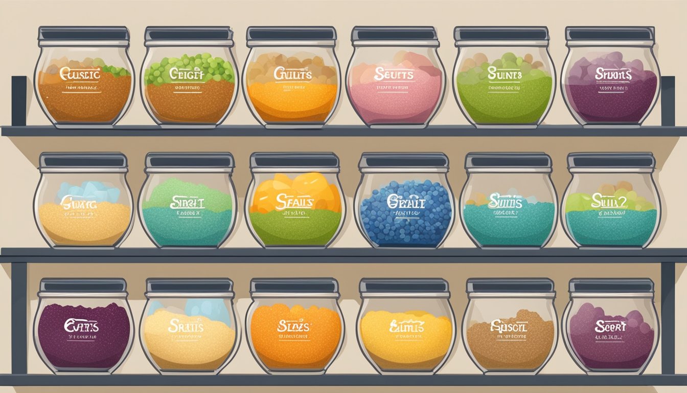 A shelf filled with colorful instant grits breakfast bowls, neatly organized and labeled for easy storage