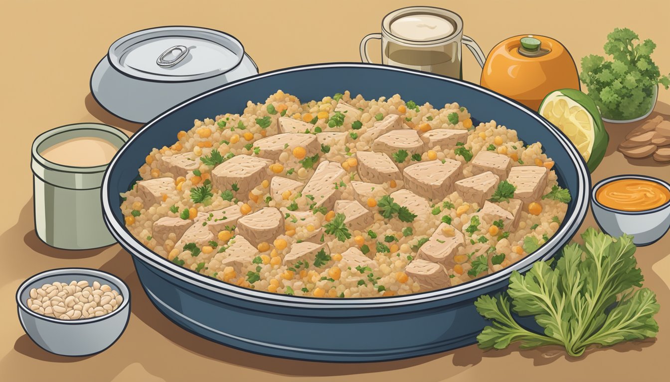 A can of tuna and a casserole dish surrounded by various protein-rich ingredients