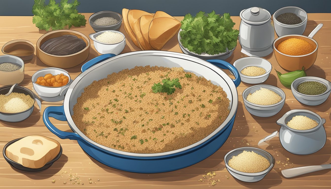 A steaming casserole dish surrounded by scattered tuna, breadcrumbs, and various seasonings on a kitchen counter