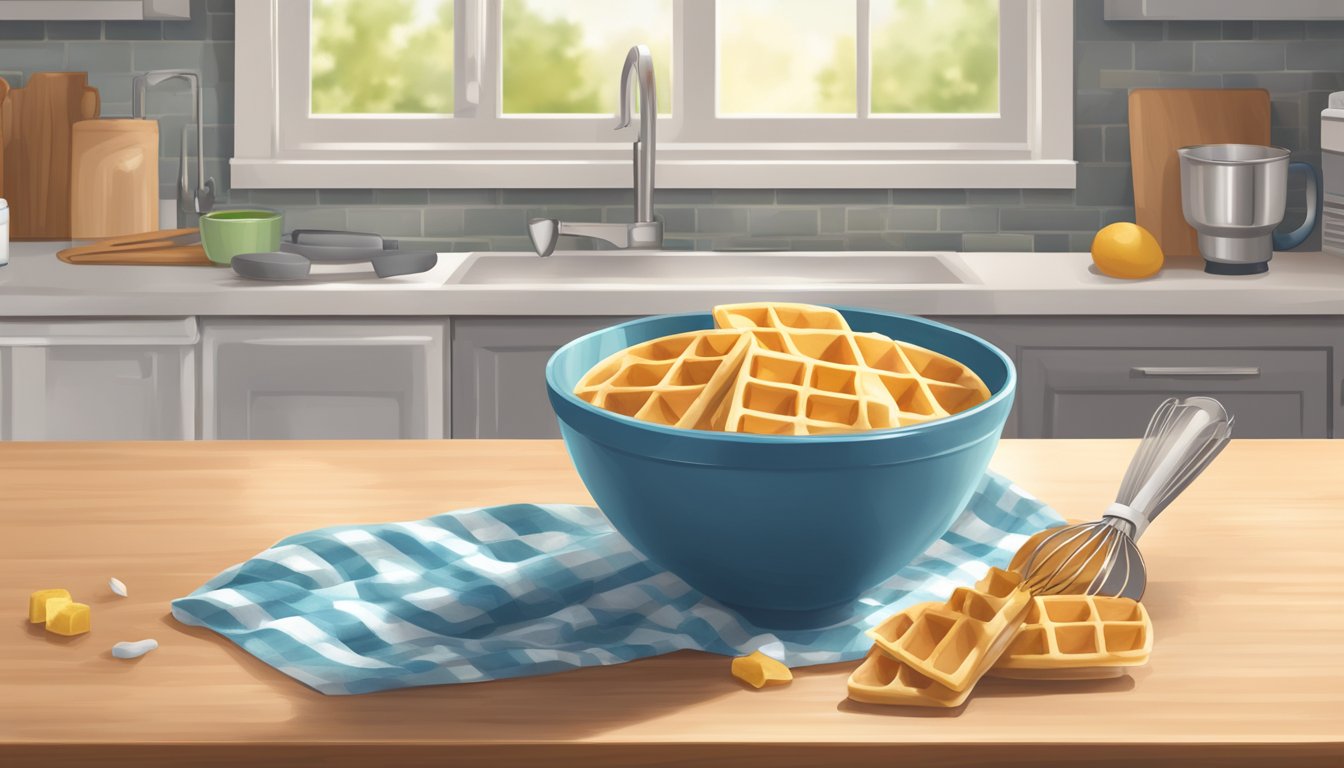 A bowl of waffle mix with added ingredients, a whisk, and a measuring cup on a clean kitchen counter