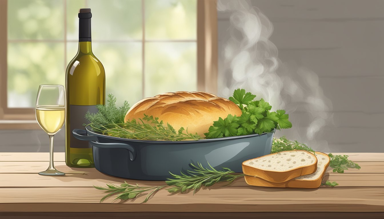 A steaming casserole dish surrounded by fresh herbs, a loaf of crusty bread, and a bottle of white wine on a rustic wooden table