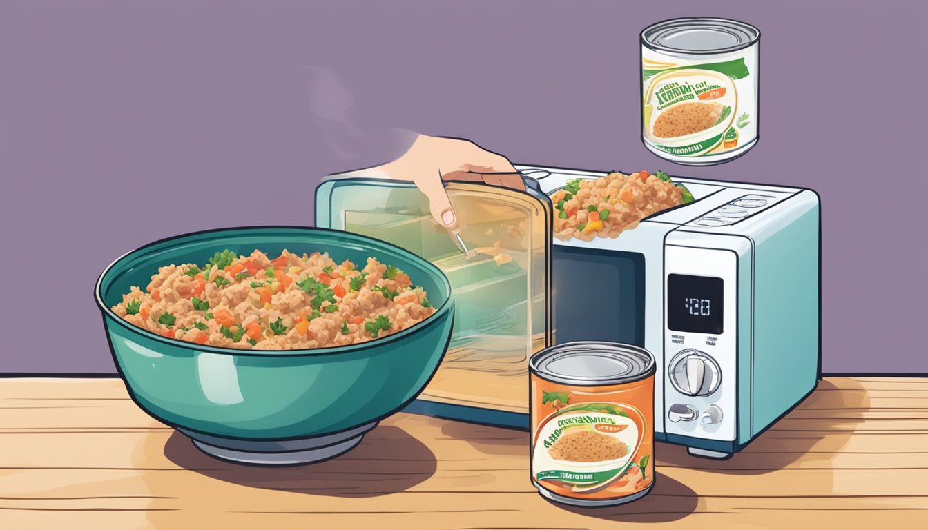 A person opening a can of tuna and mixing it with leftover casserole in a bowl, then placing it in the microwave to reheat