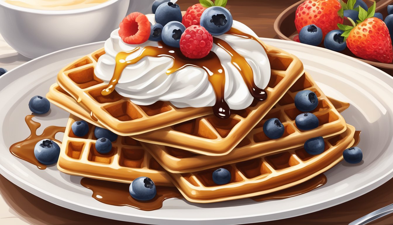 A stack of golden-brown waffles arranged on a white ceramic plate, drizzled with syrup and topped with a dollop of whipped cream and fresh berries