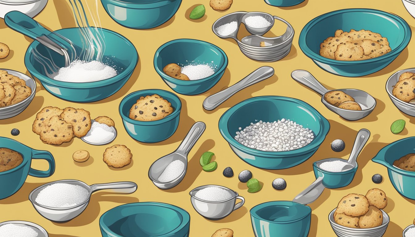 A hand pouring various ingredients into a mixing bowl, surrounded by open boxes of cookie mix and scattered measuring spoons and cups