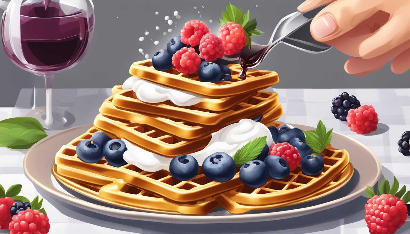 A chef pours fresh berries onto a stack of golden, crispy waffles, drizzling them with syrup and a dollop of whipped cream