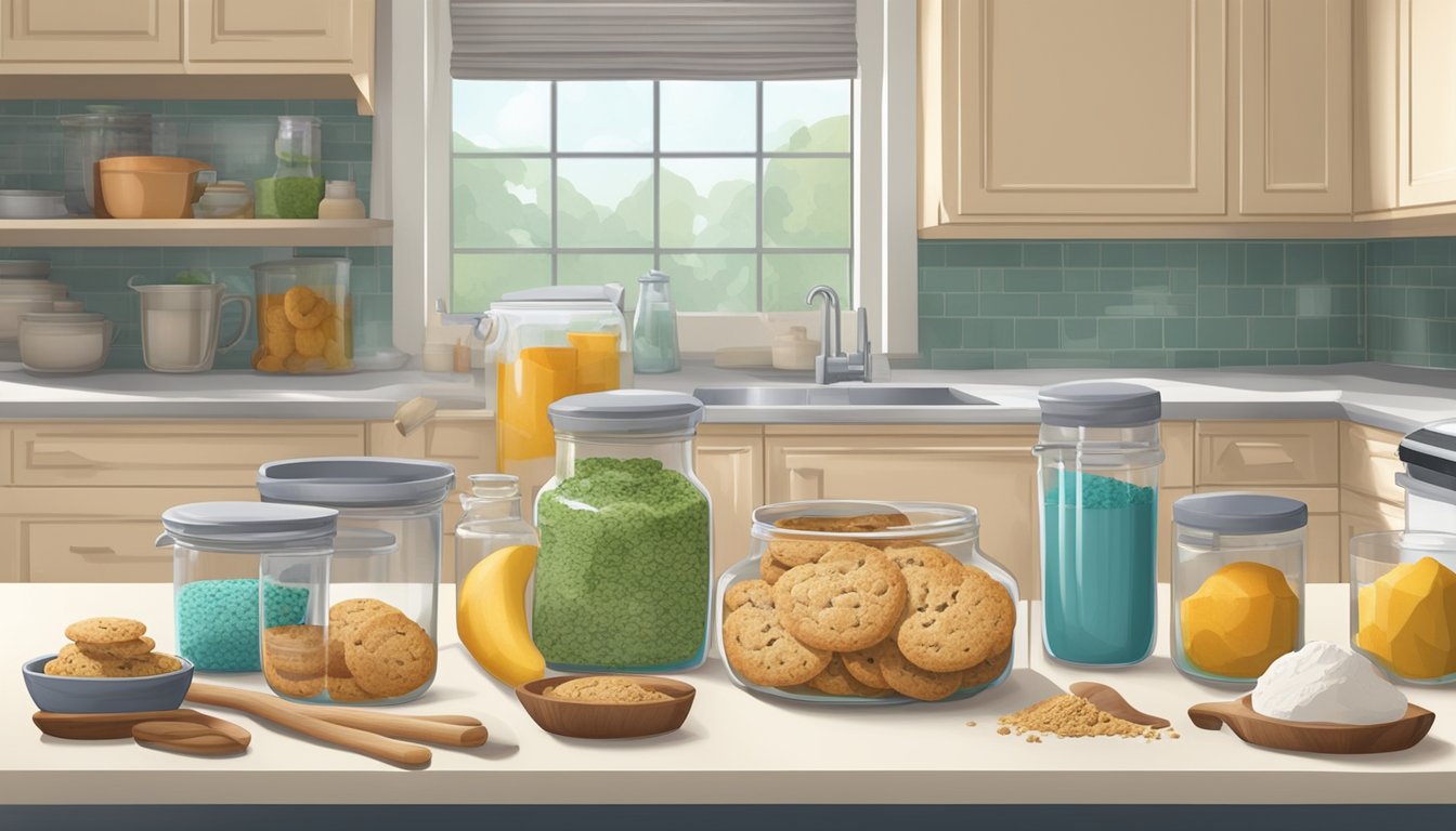 A kitchen counter with various ingredients and tools for enhancing boxed cookie mixes