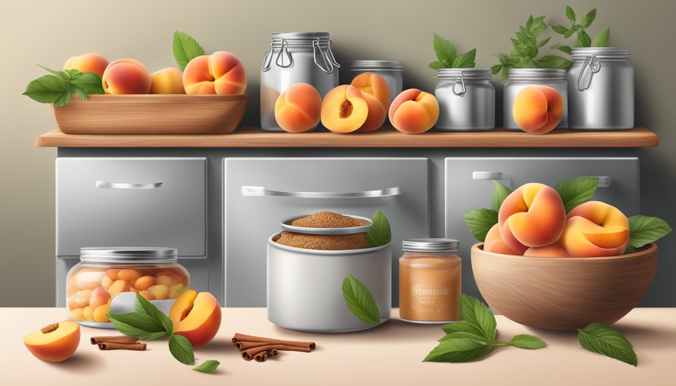 A kitchen counter with open cans of peaches, surrounded by ingredients like sugar, cinnamon, and herbs