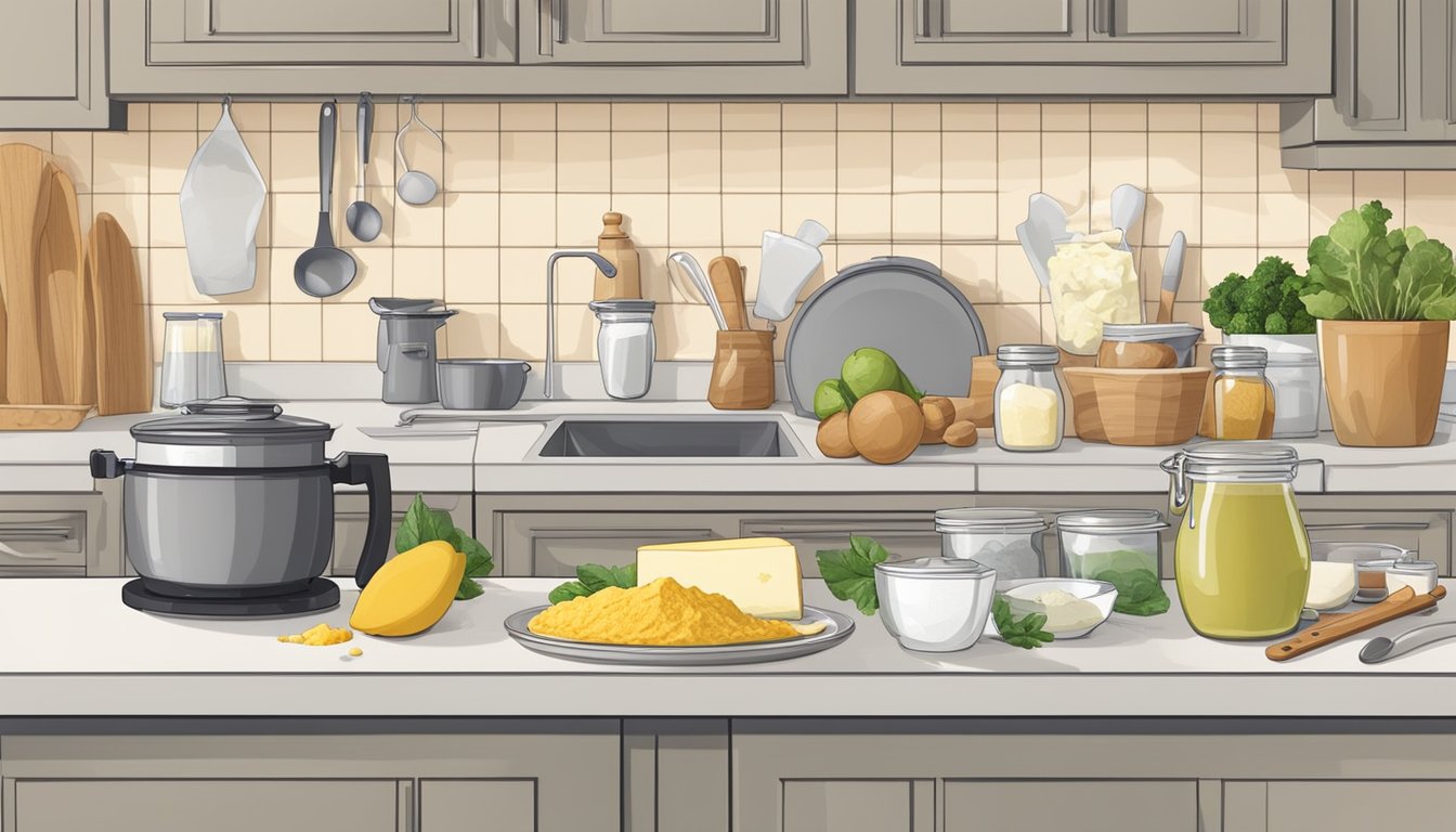 A kitchen counter with various ingredients and tools scattered around, including alternative flours, dairy-free butter, and natural sweeteners