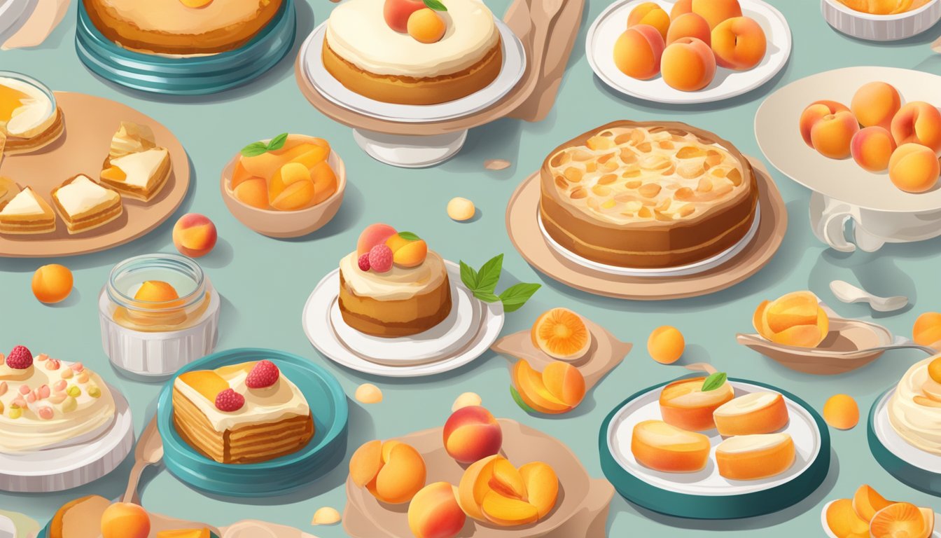 A table filled with various peach desserts and sweets, including canned peach recipes, both sweet and savory