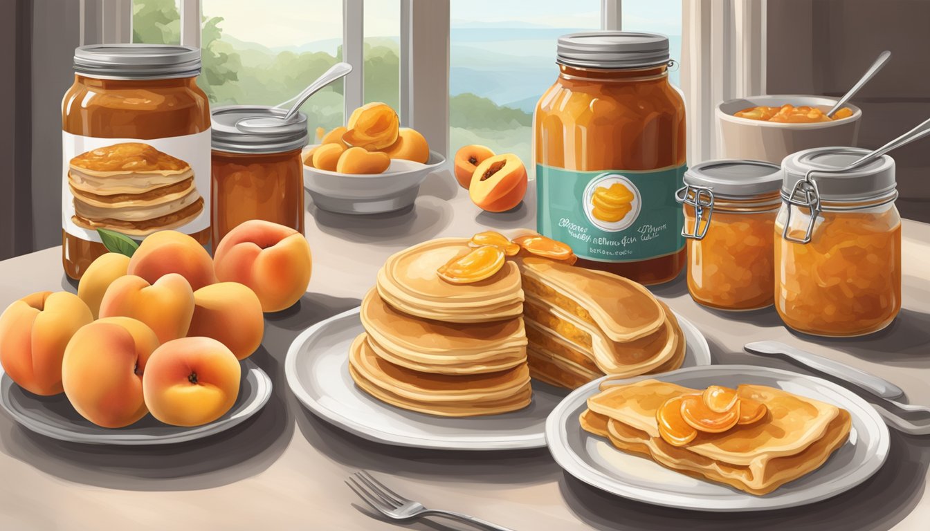 A table set with canned peach pancakes, waffles, and pastries, surrounded by jars of peach preserves and savory peach chutney