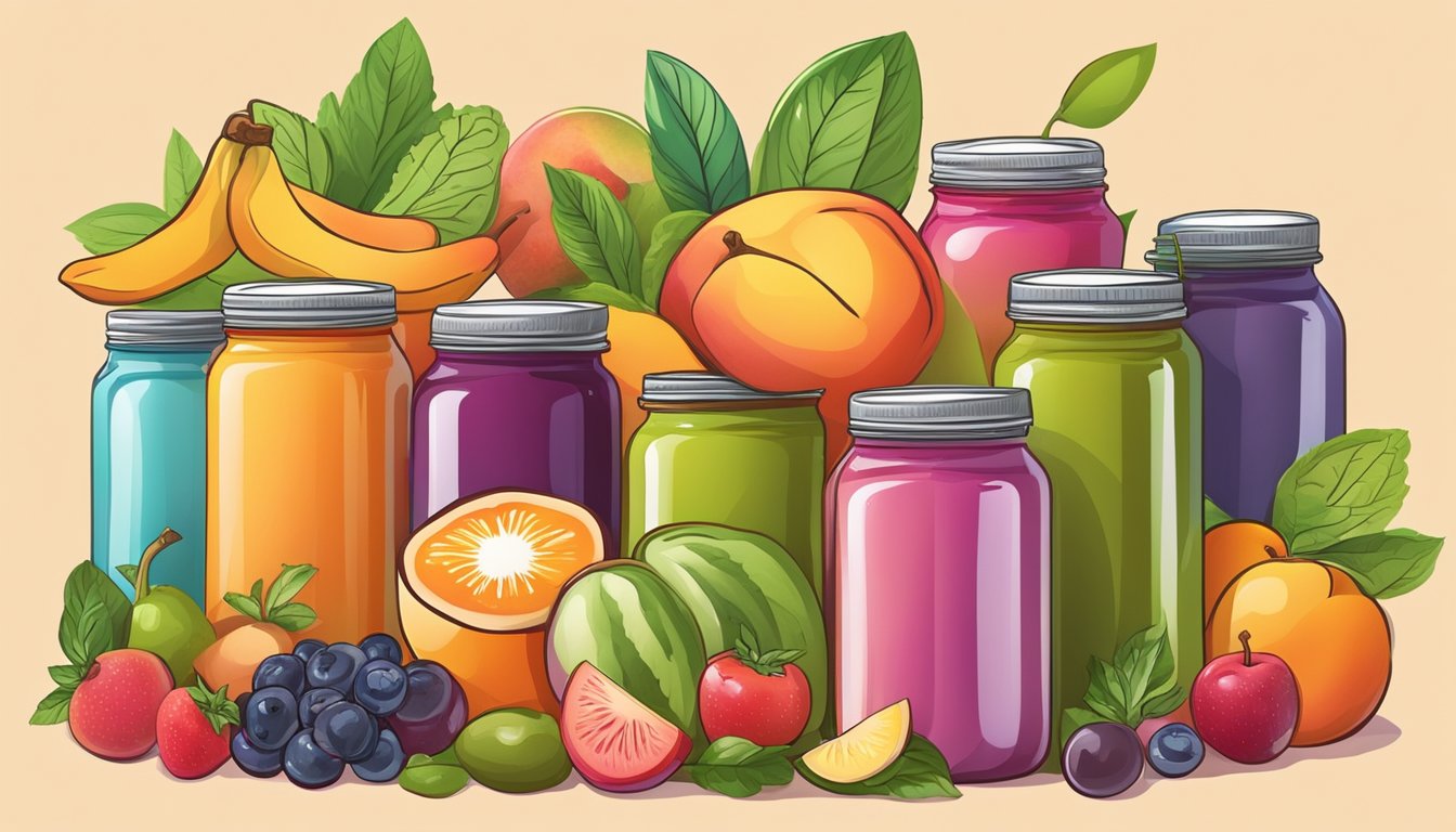 A colorful array of canned peaches and assorted ingredients, surrounded by vibrant fruits and vegetables, ready to be blended into sweet and savory smoothie recipes