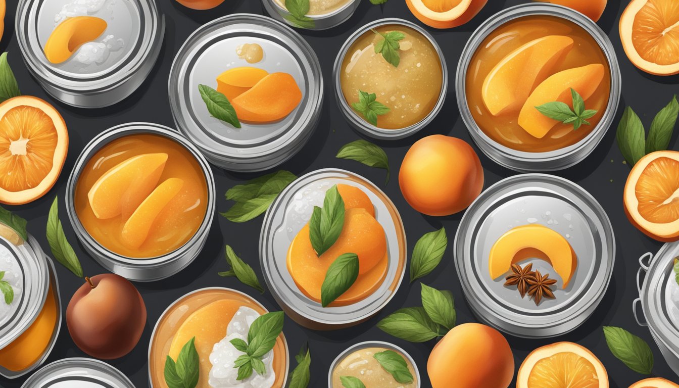 A row of canned peaches surrounded by various condiments and ingredients, including honey, cinnamon, and herbs