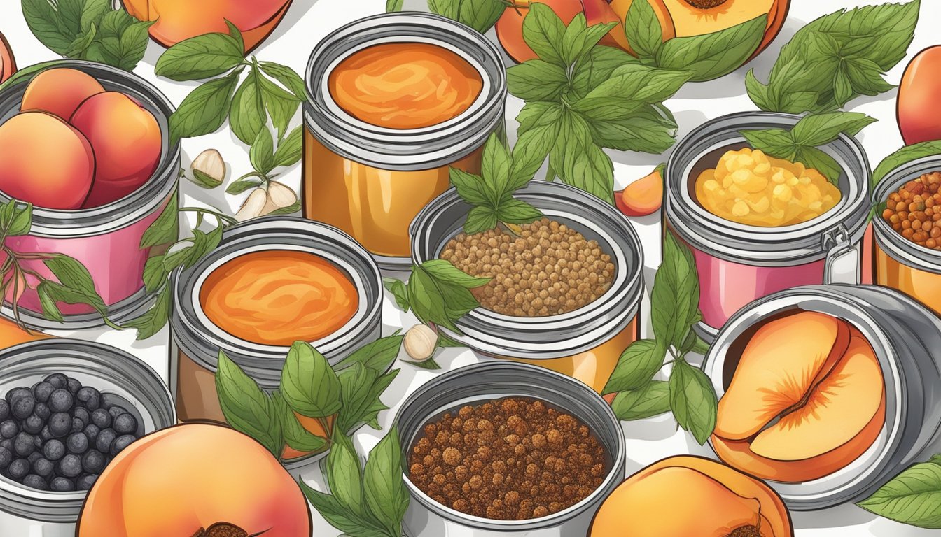 A colorful array of canned peaches surrounded by various ingredients such as herbs, spices, and sugar, hinting at both sweet and savory recipes