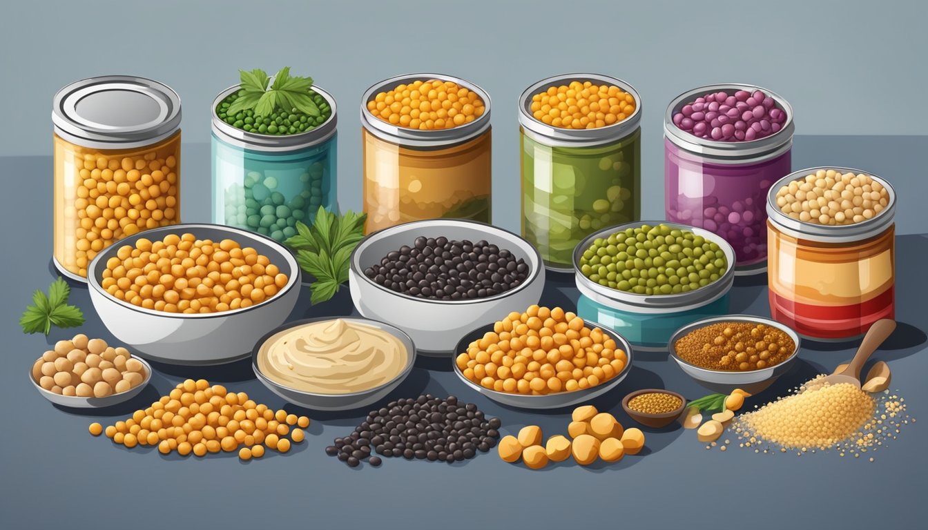 A colorful array of canned chickpeas surrounded by various ingredients and spices, ready to be used in a variety of creative recipes beyond traditional hummus