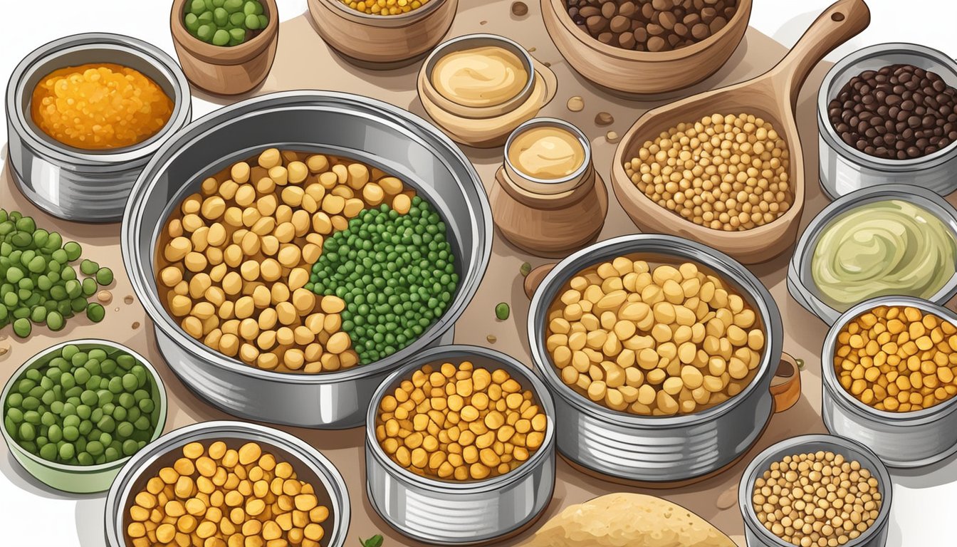 A colorful array of canned and dried chickpeas, surrounded by various ingredients and cooking utensils, with a variety of dishes being prepared beyond traditional hummus