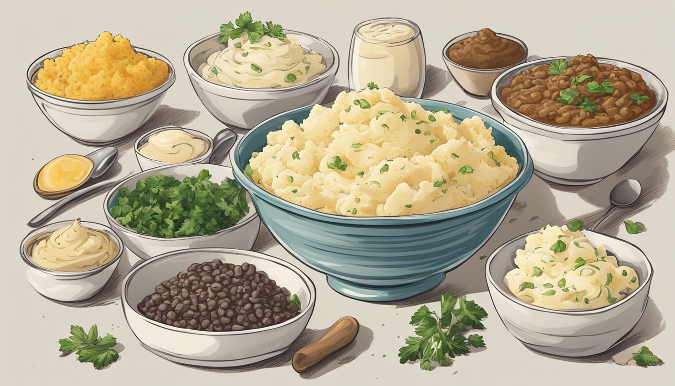 A variety of flavorful add-ins and toppings scattered around a bowl of instant mashed potatoes