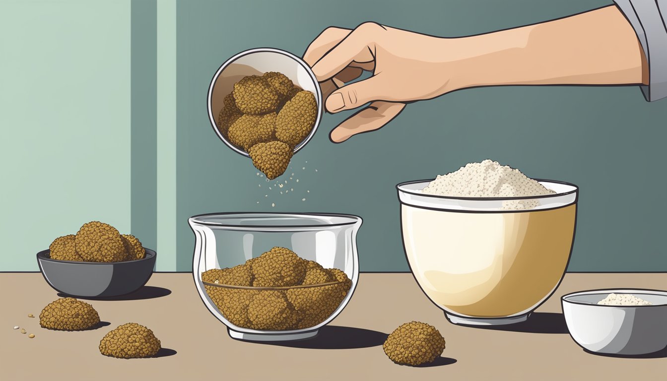 A hand pouring dry falafel mix from a box into a mixing bowl